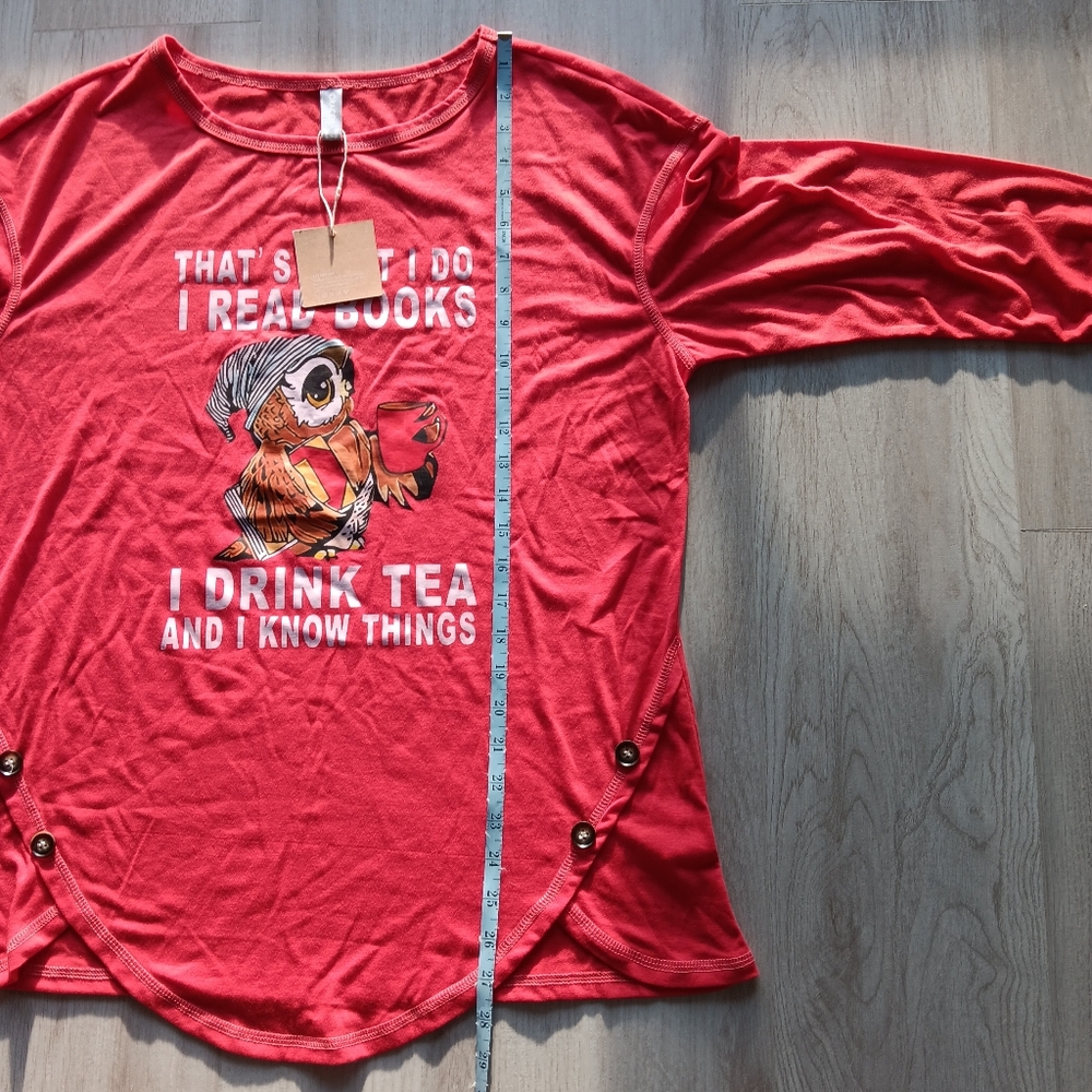 NEW NoraCora Jersey Sleep Shirt Lounge Pajama Top Books Tea Owl Red Extra Large - Picture 9 of 12